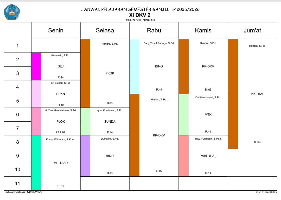 Jadwal Pelajaran XI DKV 2